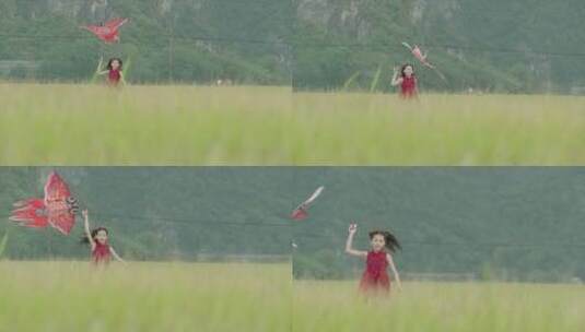 田地间放风筝的小女孩7高清在线视频素材下载
