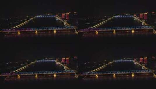 湖北襄阳汉江大桥夜景灯光航拍高清在线视频素材下载