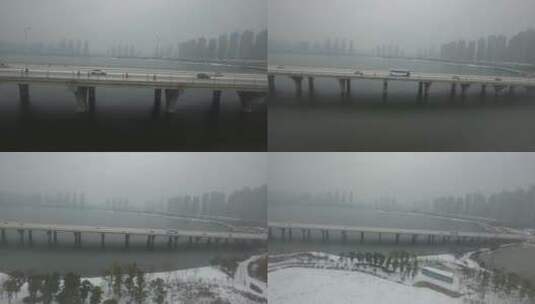 航拍武汉光谷大桥冬天环卫工人大远景高清在线视频素材下载