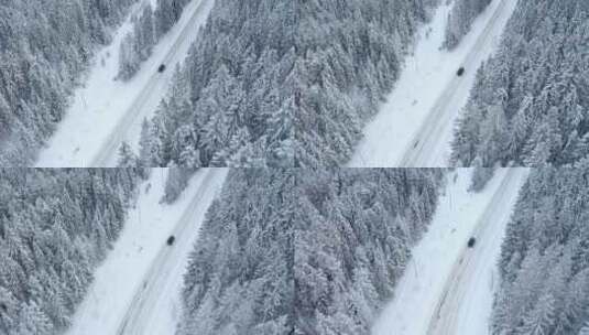 航拍冬季森林道路上行驶的汽车自然风光风景高清在线视频素材下载