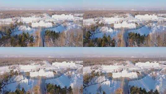 中国黑龙江哈尔滨太阳岛雪博会雪雕航拍高清在线视频素材下载