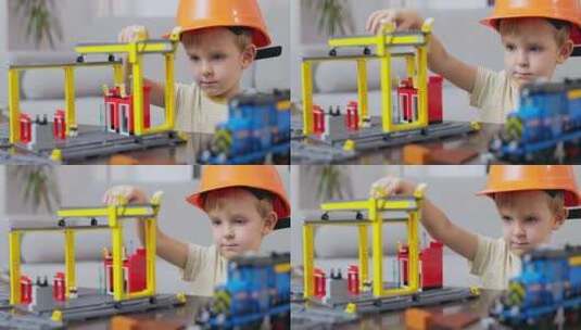 小男孩用玩具扮演建筑工人高清在线视频素材下载