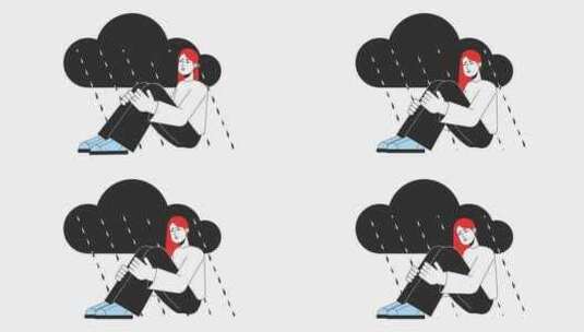 坐在冷雨线下的破碎女人2D动画高清在线视频素材下载