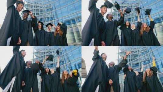 大学、毕业和成功，学生朋友们一起扔帽子庆高清在线视频素材下载