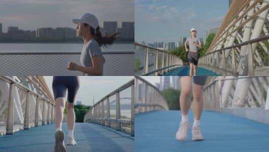 年轻美女跑步青春活力江边奔跑城市锻炼高清在线视频素材下载