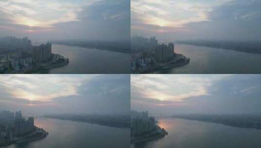 航拍襄阳清晨迷雾高清在线视频素材下载