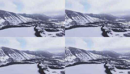 航拍新疆冬季喀纳斯湖雪景雪山森林冰河晨雾高清在线视频素材下载