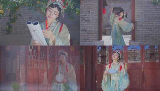 古风女子持镜古建筑前起舞高清在线视频素材下载
