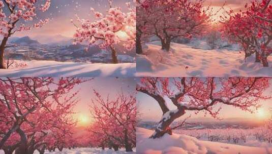 雪中盛开的红色梅花高清在线视频素材下载