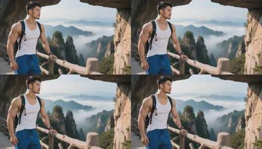 男子山间栈道眺望远方高清在线视频素材下载