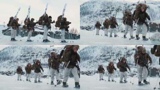 士兵在冬季雪地里使用滑雪板和雪鞋练习地面战术高清在线视频素材下载