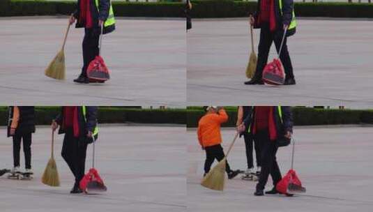 休闲滨海广场环卫清洁工人高清在线视频素材下载