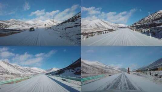 行驶在雪地西藏的路上汽车道路奔驰前进风景高清在线视频素材下载