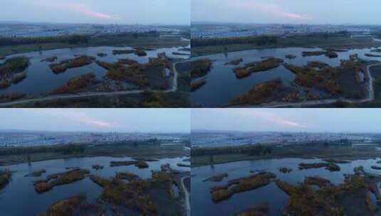 航拍内蒙古呼伦贝尔秋季湿地暮色高清在线视频素材下载
