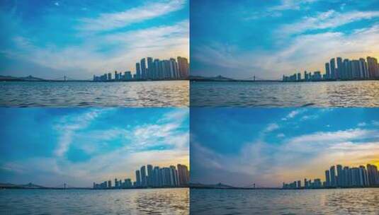 城市江边夕阳日转夜大气延时摄影4K高清在线视频素材下载