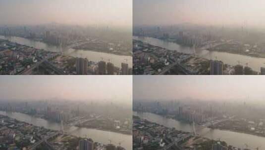 广州鹤洞大桥和城市天际线日出延时航拍4k高清在线视频素材下载