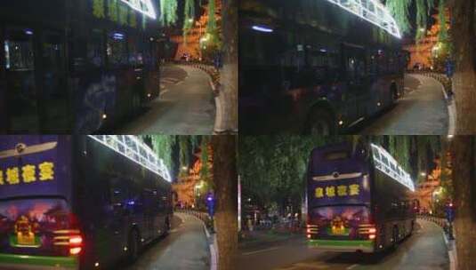 今年双层露天旅游公交车，夜晚巡游泉城路高清在线视频素材下载