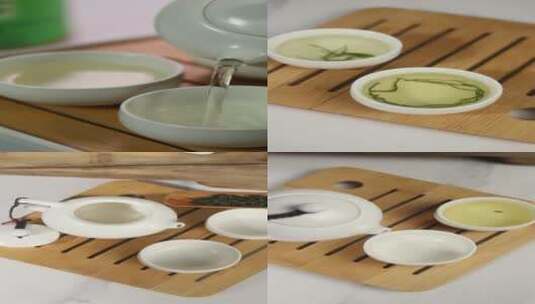 绿茶冲泡茶叶 陶瓷器皿 喝茶品茶高清在线视频素材下载