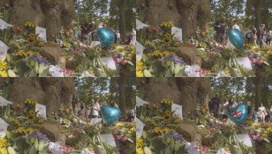 绿色公园花卉贡品和哀悼者的低角度拍摄高清在线视频素材下载