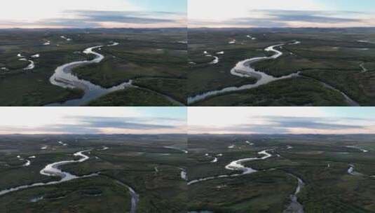 航拍扎敦河湿地原野河湾暮色高清在线视频素材下载