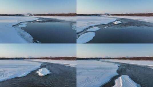 航拍不冻河寒冬夕阳湿地高清在线视频素材下载