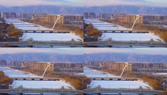 中国内蒙古呼和浩特马头琴桥冬天天际线风光高清在线视频素材下载