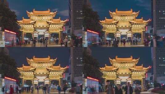 云南昆明市标金马碧鸡坊夜景延时摄影高清在线视频素材下载