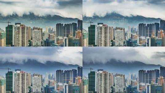实拍福建福州云雾中的旗山与建筑高清在线视频素材下载