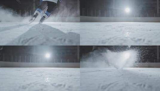 冰场上运动员穿冰刀鞋刹车激起冰雾高清在线视频素材下载