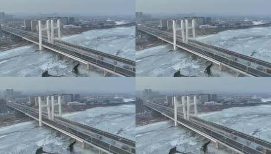 吉林珲春市森林山大桥航拍城市冬季风光高清在线视频素材下载