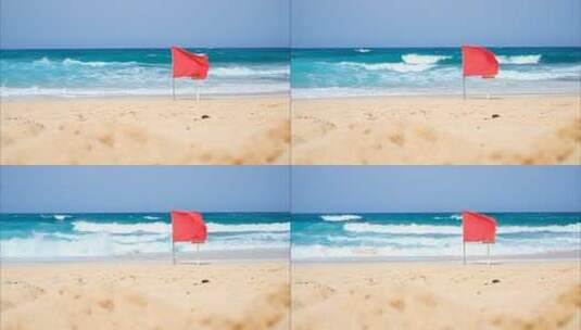 设有红旗警告的夏季海滩——“禁止游泳”——黄色沙滩高清在线视频素材下载
