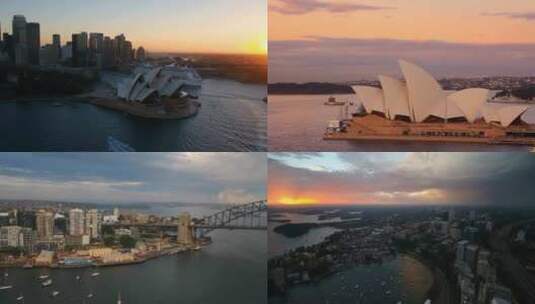 城市航拍澳大利亚悉尼歌剧院日落晚霞大海船高清在线视频素材下载