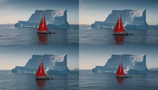 FPV无人机航拍冰山冰川帆船游艇格林兰岛高清在线视频素材下载