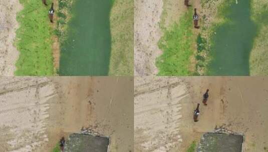 航拍俯瞰威海市环翠区金海路沙滩上的骑马人高清在线视频素材下载