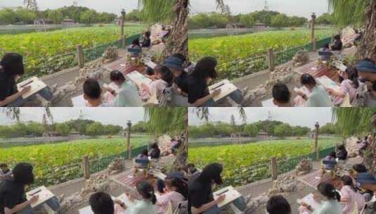 北京北海公园小朋友写生画画高清在线视频素材下载
