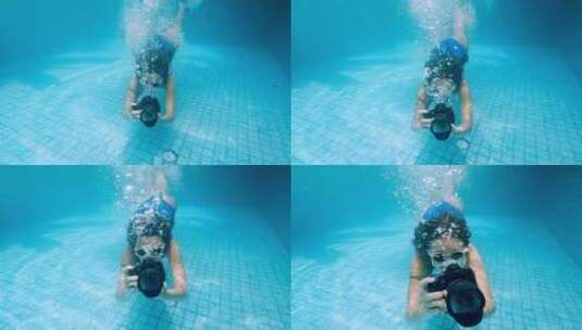 年轻女子潜入水中。从水下观看，喷雾。暑假概念，跳到高清在线视频素材下载