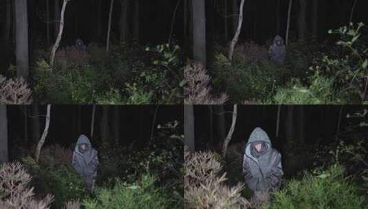 可怕的老妇人在黑暗的树林深处走近。晚上森林里的噩梦。邪恶的女巫在漆黑的夜晚穿过茂密的灌木丛。高清在线视频素材下载