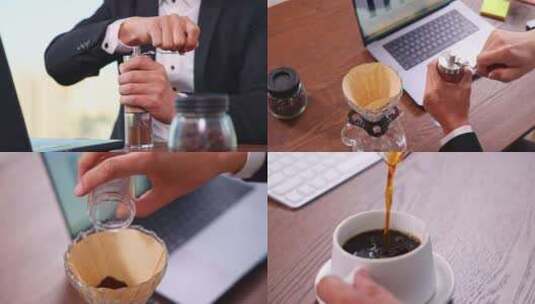 一个商务人士在办公室手磨咖啡高清在线视频素材下载