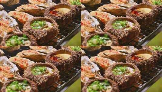海南三亚商品街夜市美食碳烤生蚝扇贝海胆高清在线视频素材下载