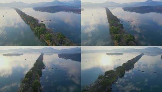 杭州西湖美景全景水天一色天空之境水墨苏堤高清在线视频素材下载
