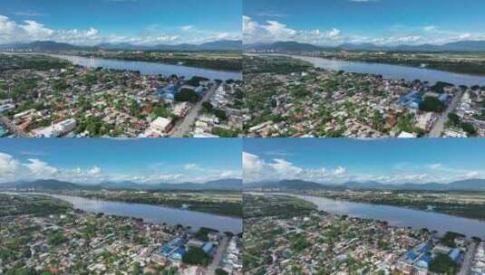 航拍泰国老挝清盛城市湄公河河滨景观高清在线视频素材下载