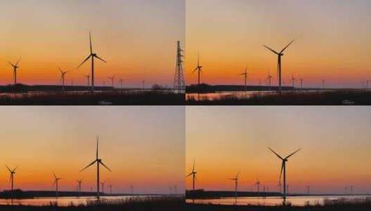 航拍夕阳湖泊风力发电机组乡村振兴环保能源高清在线视频素材下载