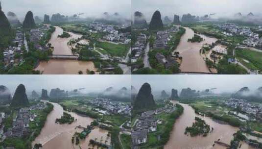 桂林阳朔暴雨漓江遇龙河河水暴涨高清在线视频素材下载