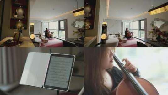 居家女士练习大提琴样板间拉琴高清在线视频素材下载