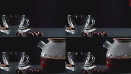 热气腾腾的大茶壶，里面有茶和水果，放在桌高清在线视频素材下载