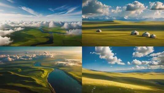 草原蒙古包河流蓝天白云高清在线视频素材下载