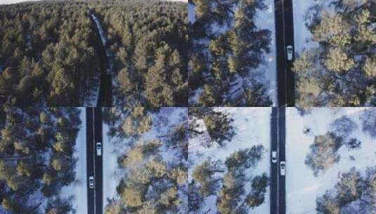 行驶在冬季雪原森林的车高清在线视频素材下载