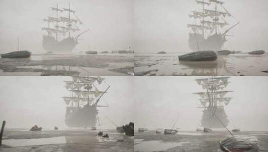 神秘诡异的海盗船停泊在破旧的港口高清在线视频素材下载