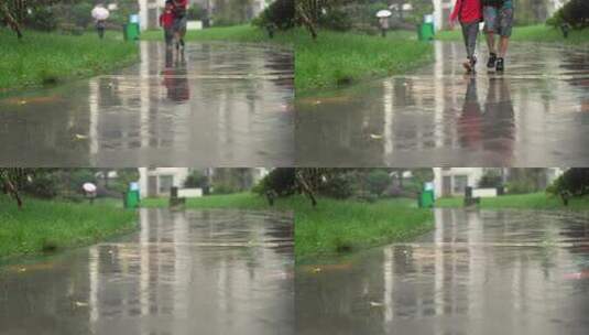 雨后小区地面特写，湿滑路面反射周围景色高清在线视频素材下载