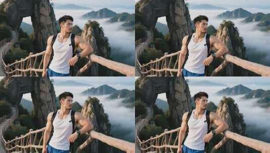 男子于山间栈道眺望远方高清在线视频素材下载